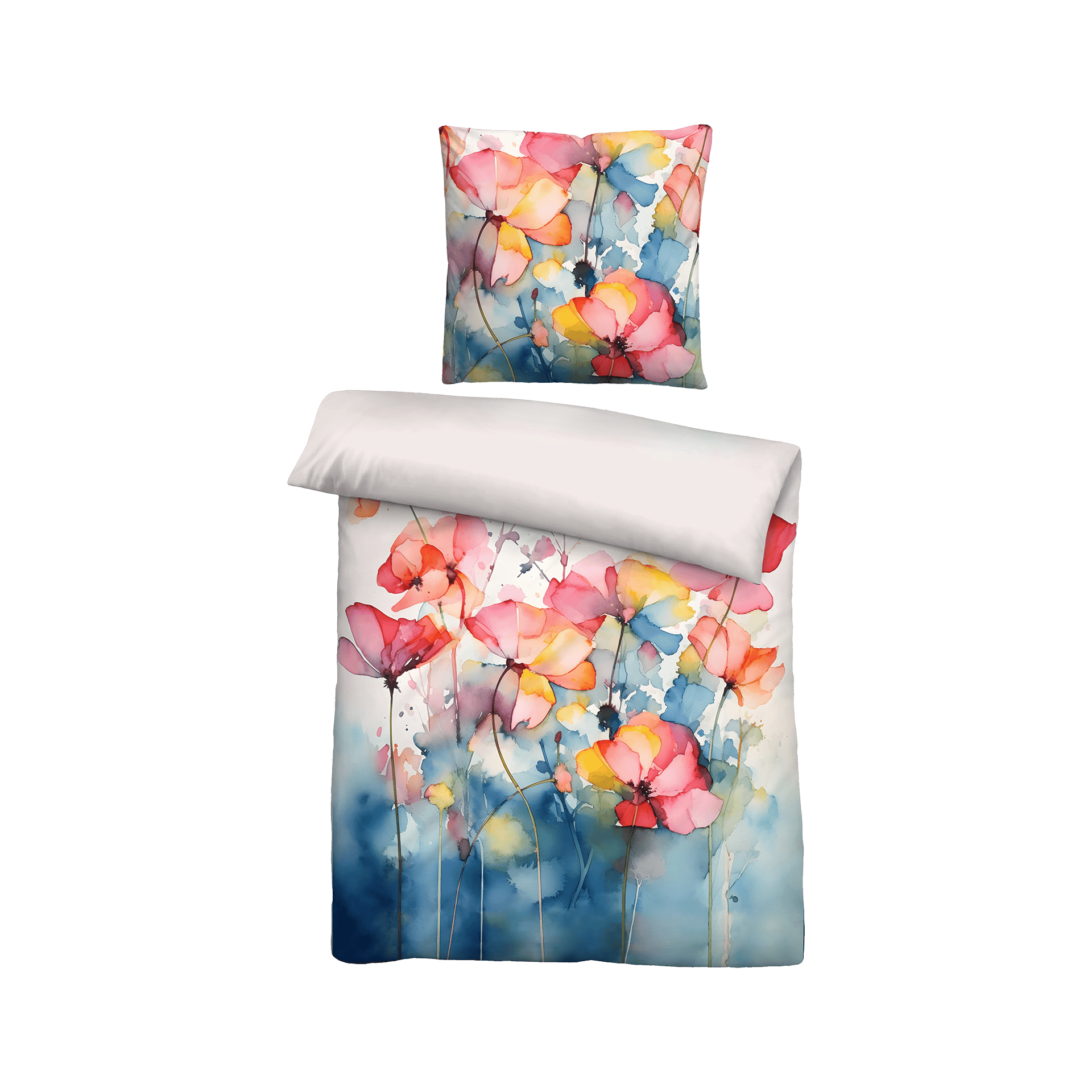 Tencel Bettwäsche Aquarell Blumen Taubenblau 155x220cm