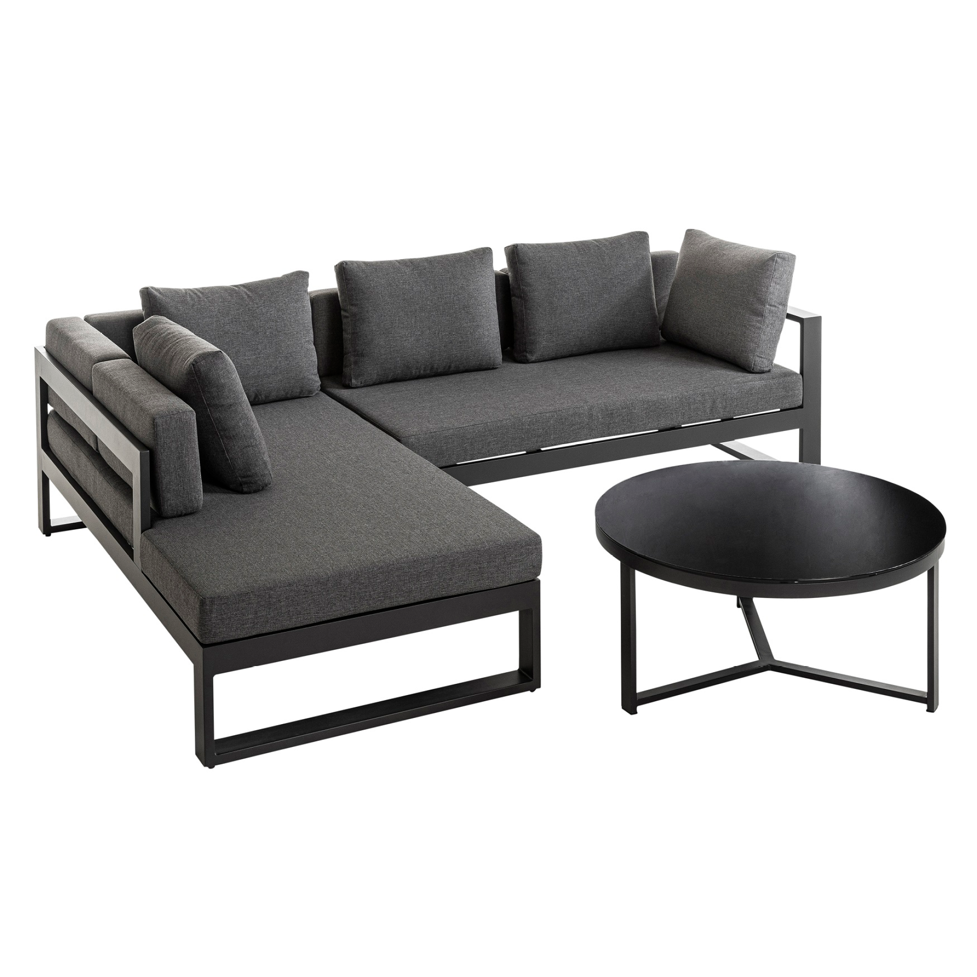Loungesofa Gartenloungegruppe mit schwarzen Polstern und kleinem Beistelltisch aus schwarzem Metall