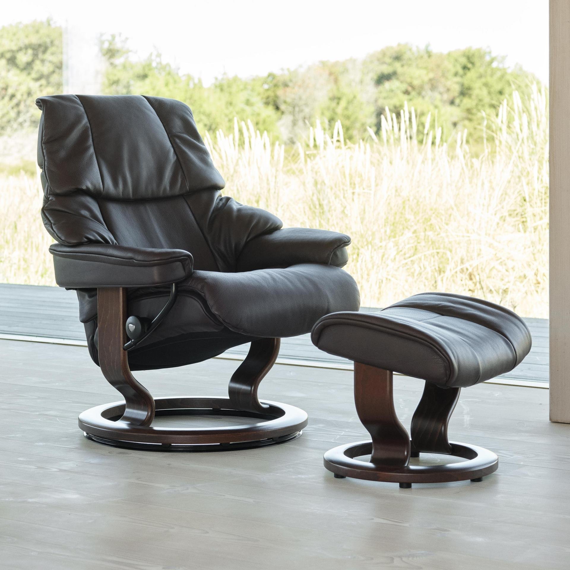 Stressless Relaxsessel mit Hocker Reno L Classic L Bezug Leder Batick Grey 79, Gestell Braun 03