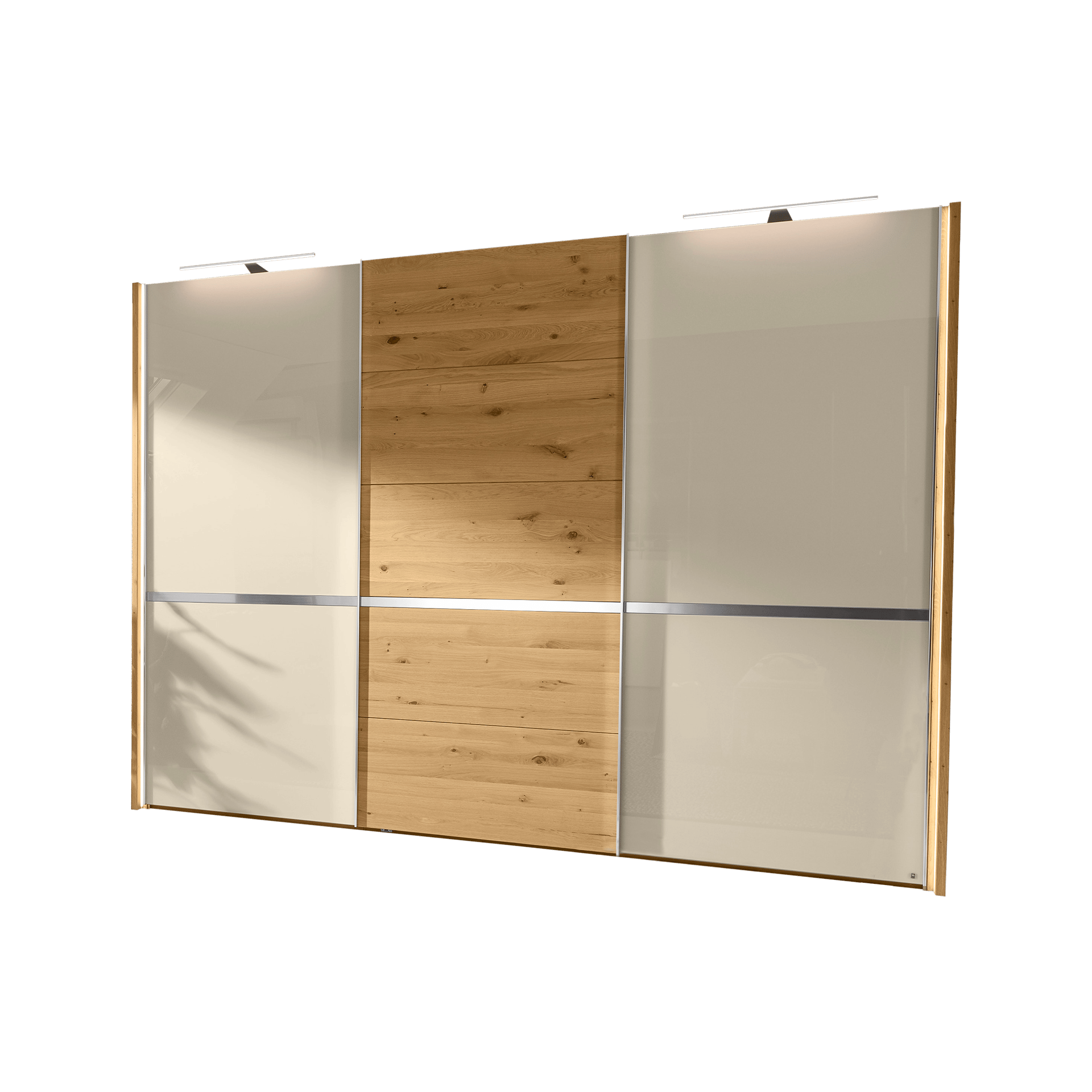 Musterring Schwebetürenschrank Savona 2.0 Türe Bianco Eiche teilmassiv, Front Glas Champagner, Korpus Bianco Eiche teilmassiv