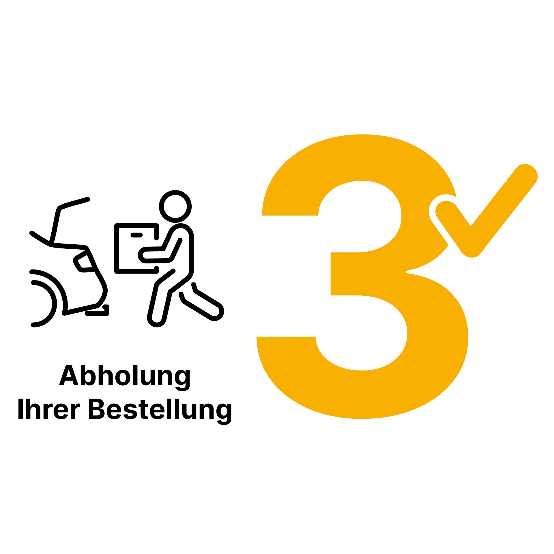 3. Abholung Ihrer Bestellung Zahl drei in Gelb, Icon, Paket wird eingeladen, Text Abholung Ihrer Bestellung