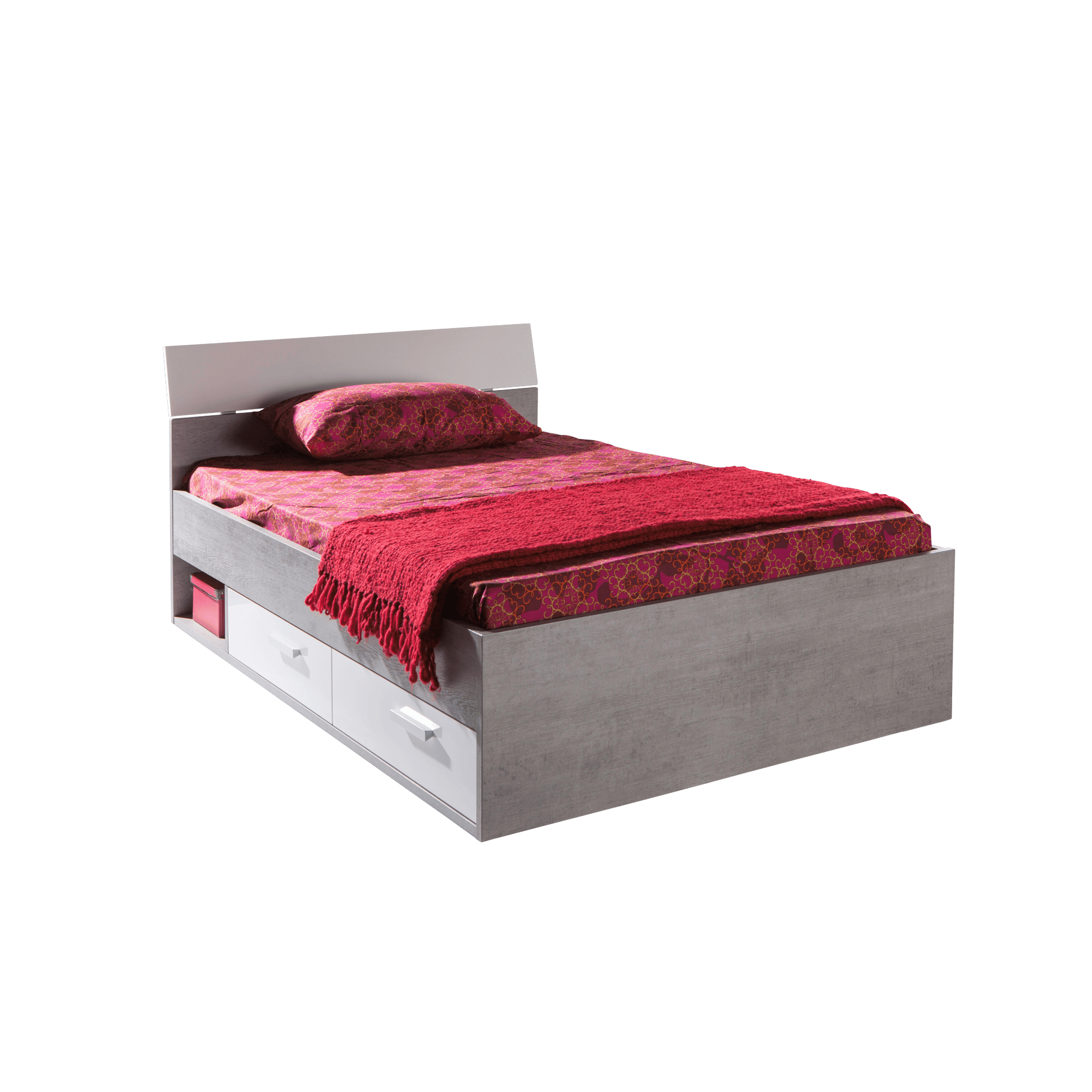 Funktionsbett Milano Rahmen Beton Optik Schubkasten Weiß Kopfteil Weiß 120x200 cm