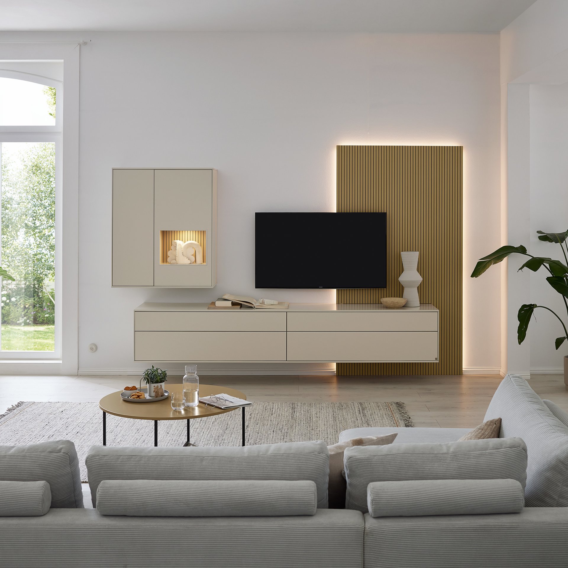Musterring Wohnwand Kara-Frame Akzent Eiche Sand furniert, Korpus Lack Cashmere