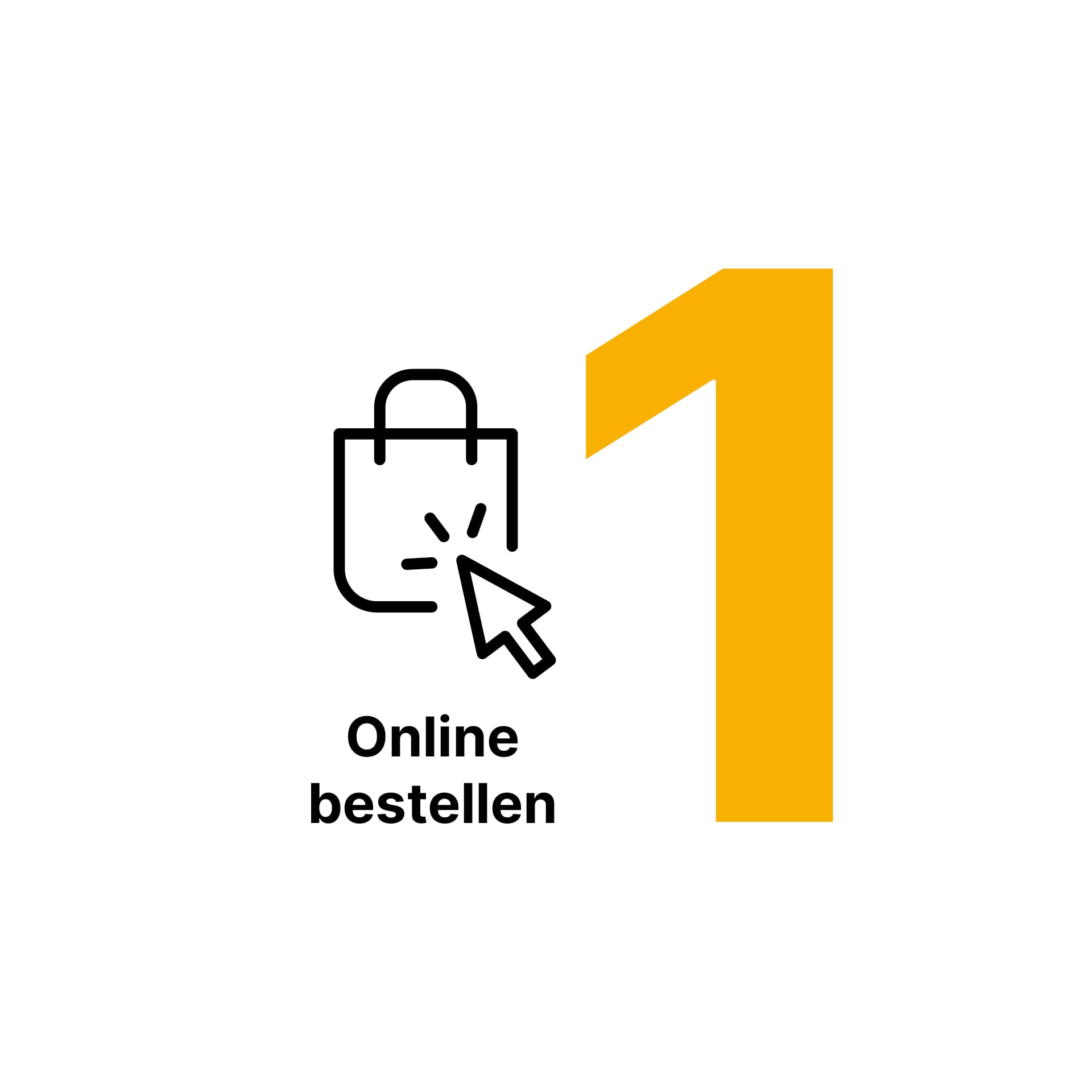 1. Online bestellen Zahl eins in gelb, Icon mit Schriftzug, Online bestellen