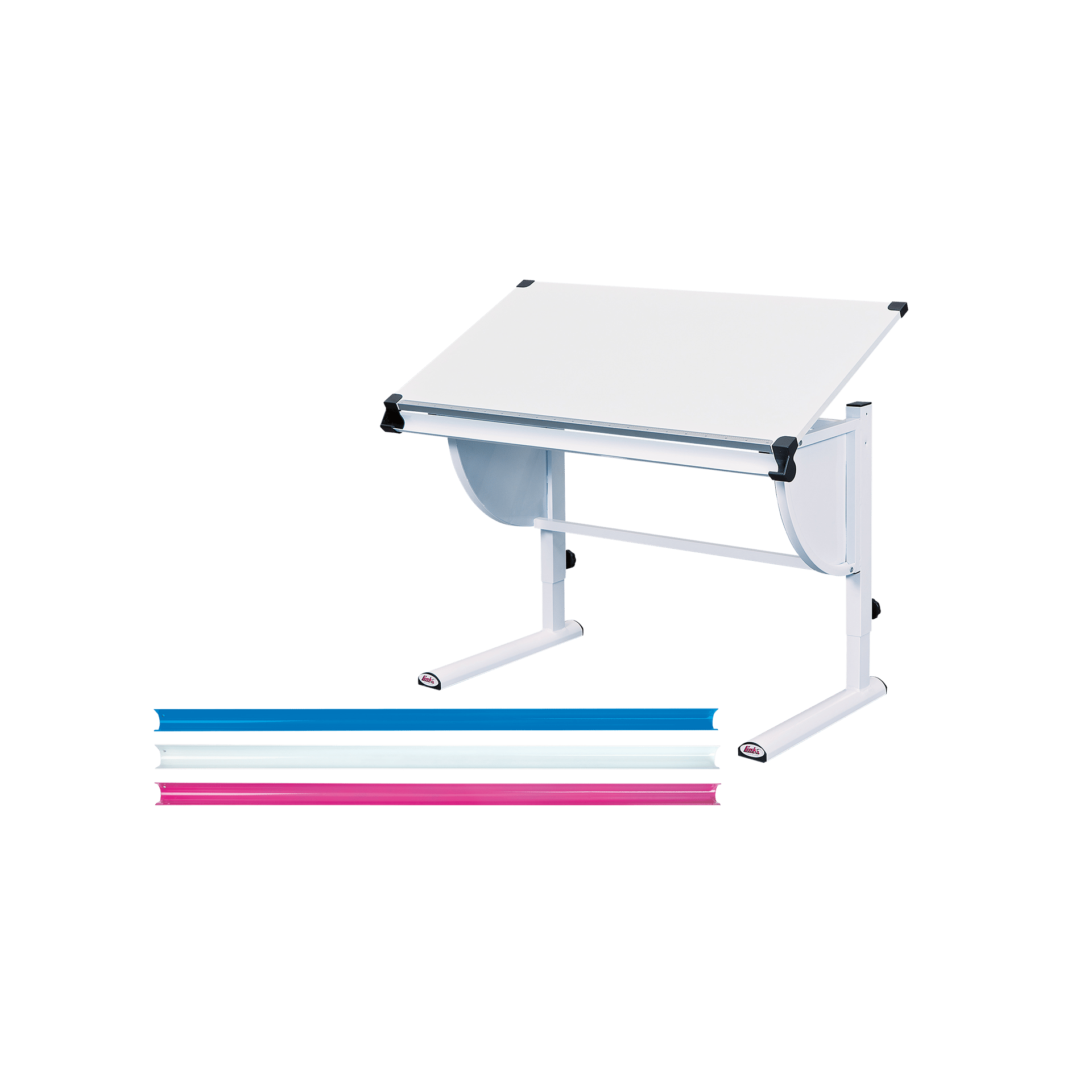Schreibtisch Milo 3 in 1 Platte Weiß Gestell Weiß Absetzung Wechselfarben Blau, Pink & Weiß Schreibtisch Milo 3 in 1 Platte Weiß Gestell Weiß Absetzung Wechselfarben Blau, Pink & Weiß