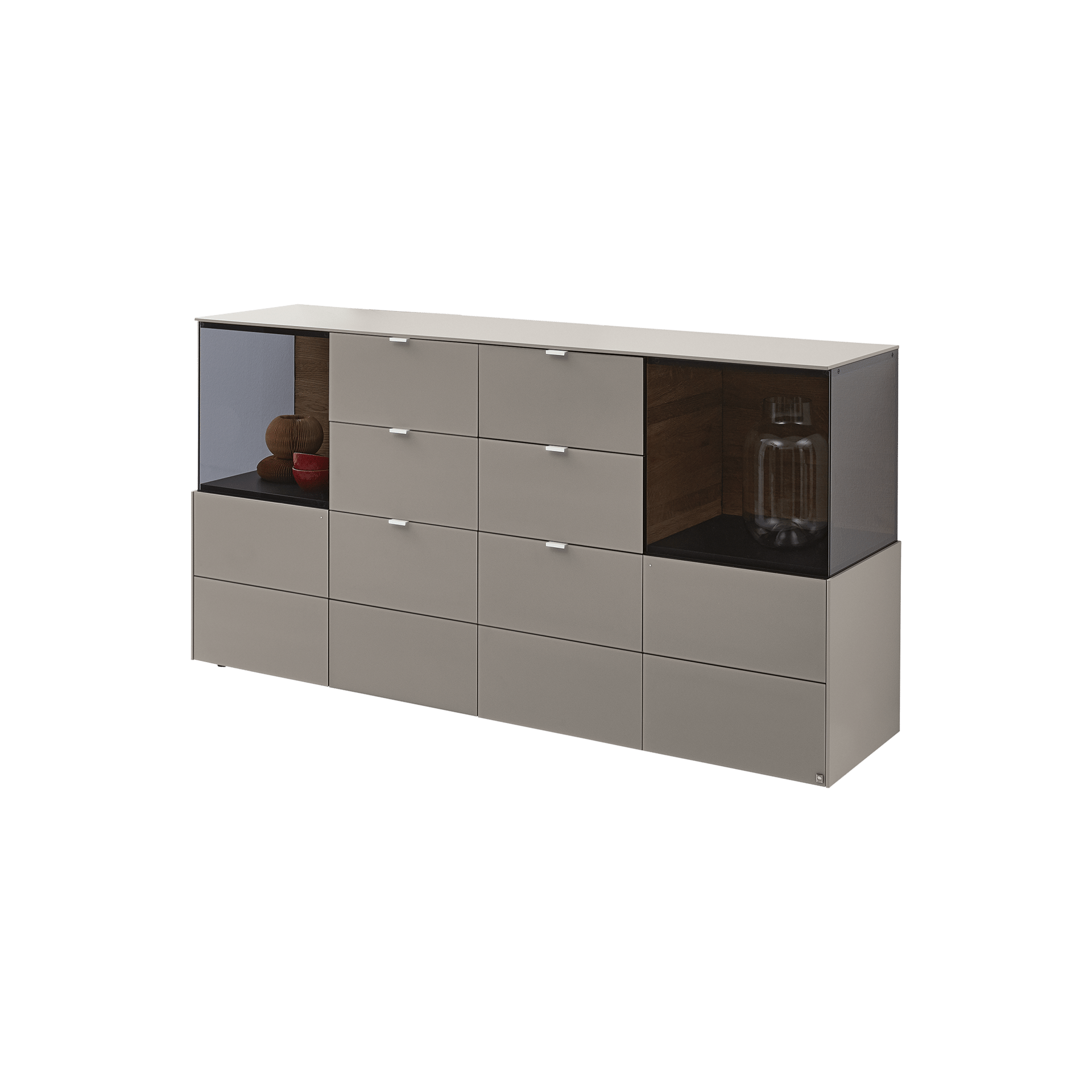 Musterring Sideboard Q-Media 2.0 Rückwand Eiche massiv gebürstet, Front Mattglas Fango, Korpus Lack Fango
